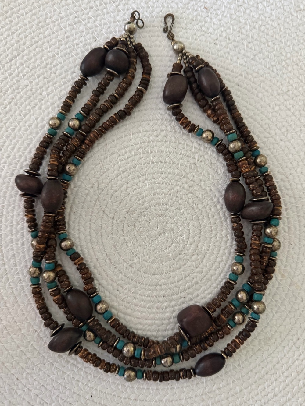 Boho Multi-Strand Wood & Turquoise Beaded Statement Necklace | Layered
